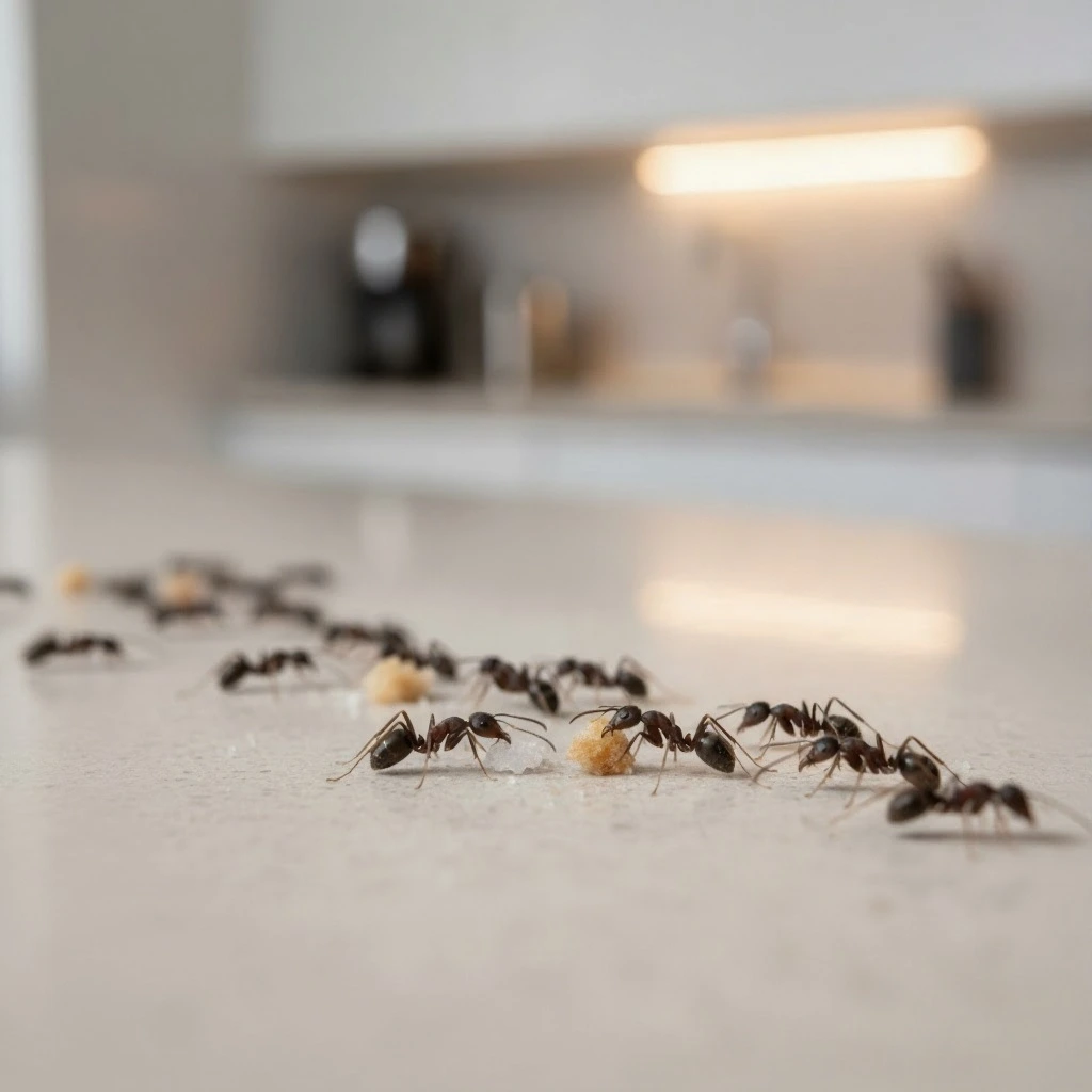 Ant trail on a kitchen bench being identified for pest treatment