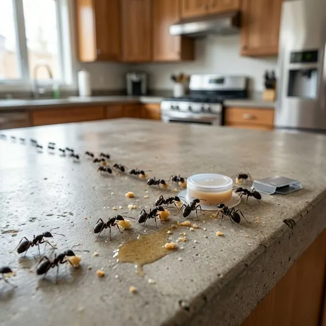 Trail of ants on a modern kitchen counter