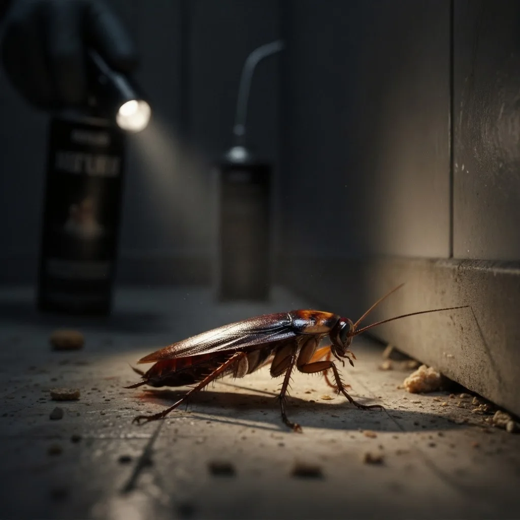 Cockroach in a dark corner being illuminated by a pest control flashlight