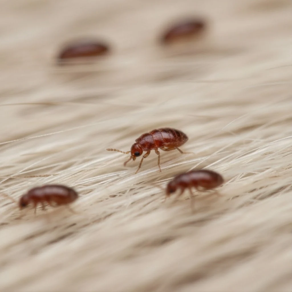 Macro close-up of fleas on animal fur indicating an infestation