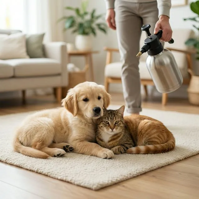 A dog and cat resting safely on a floor