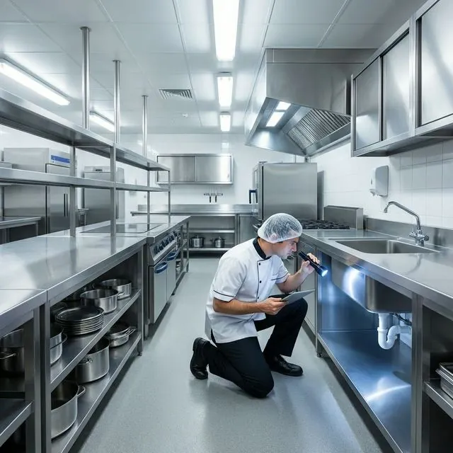 Health inspector checking a commercial kitchen