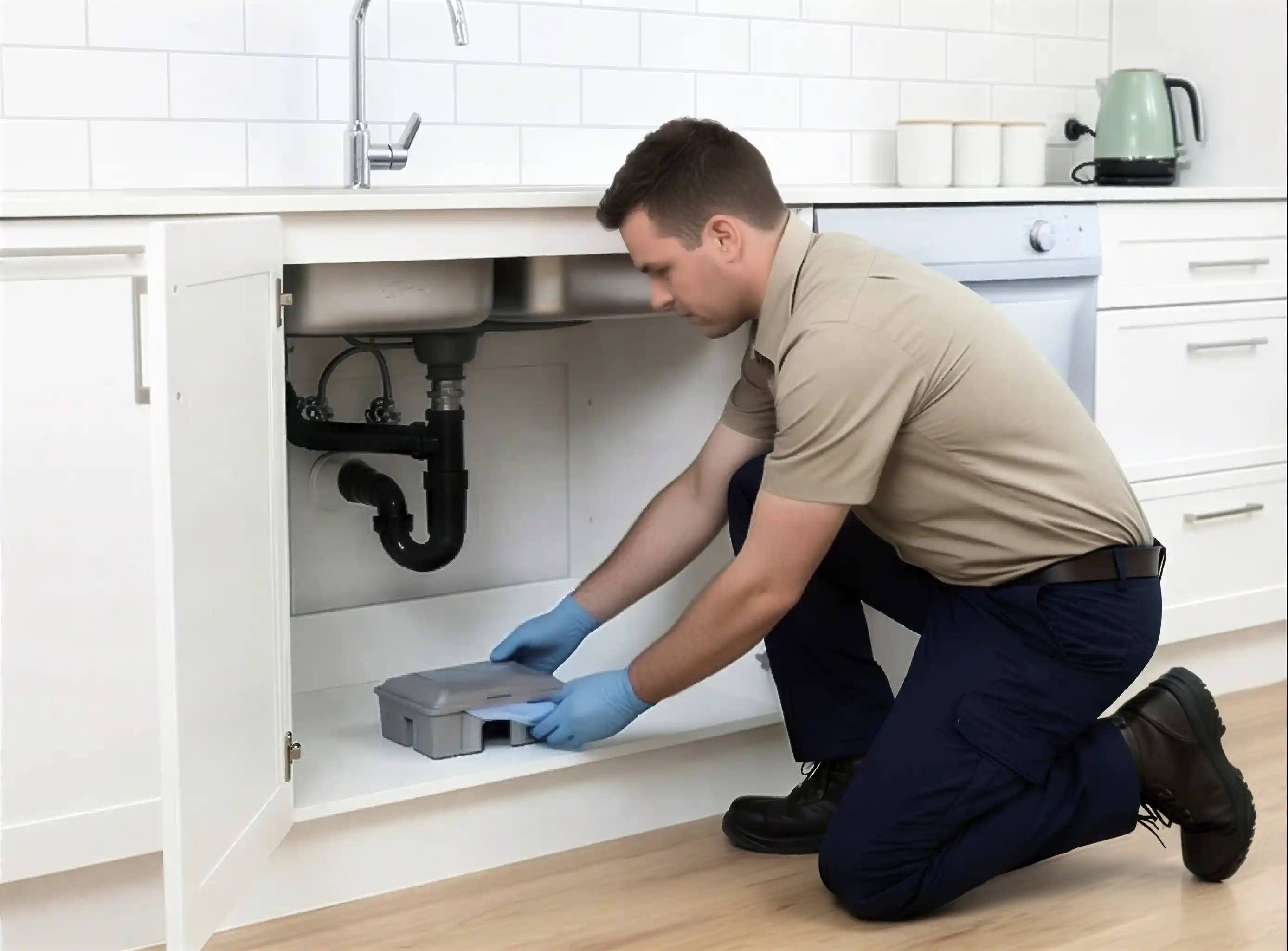 Professional rodent and rat baiting station setup under a kitchen sink