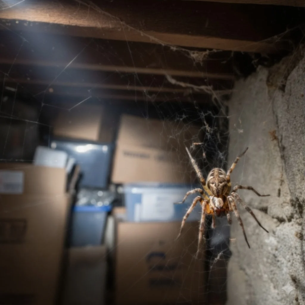 Large spider in web in a Perth basement corner requiring professional removal