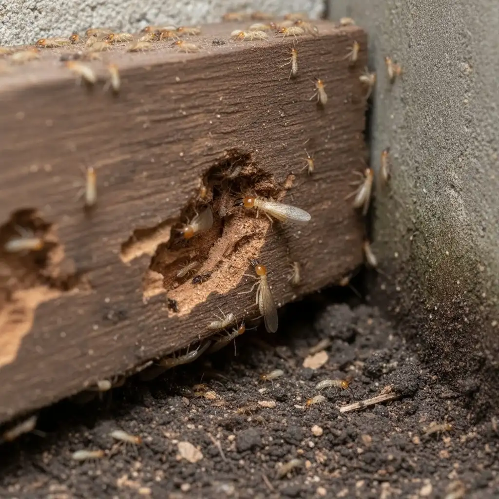 Active termites damaging wood framework, requiring immediate treatment