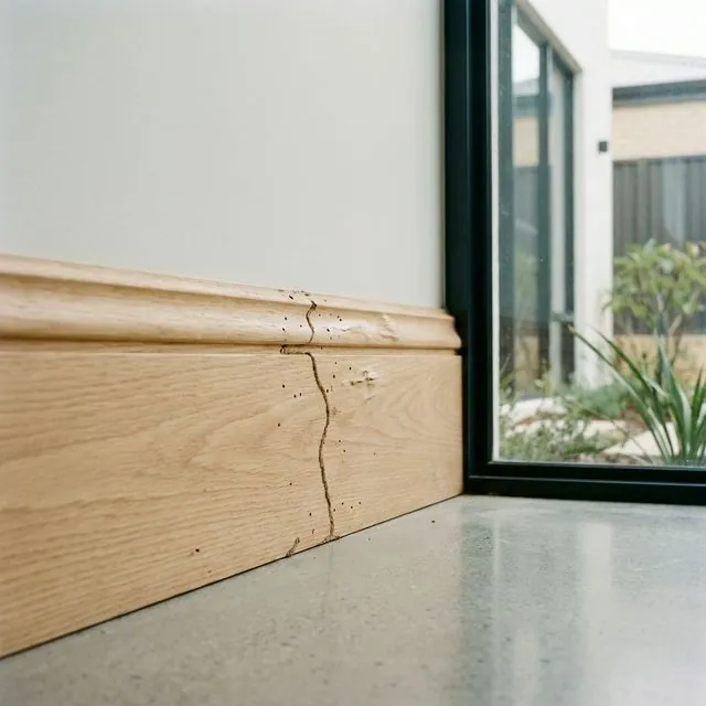 Close-up of termite damage on a wooden skirting board in a Perth home